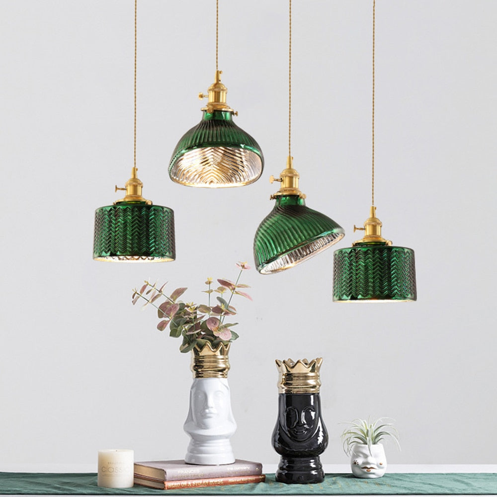 Modern LOFT E27 pure copper lamp holder chandelier simple green glass lamp kitchen living room bedroom bar indoor chandelier